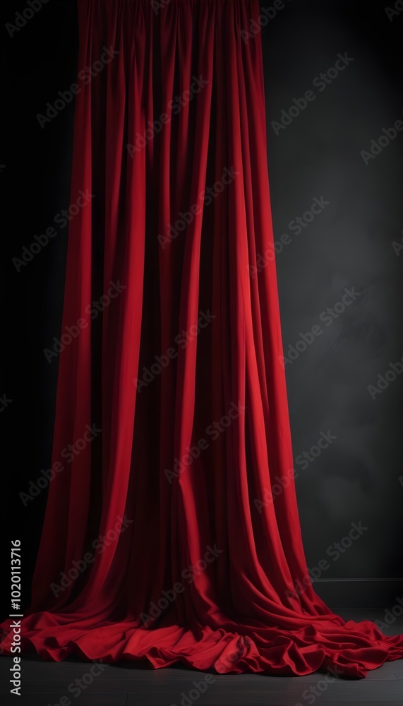 Fototapeta premium Vibrant red fabric or curtain draped against a dark background, creating a dramatic and bold visual effect