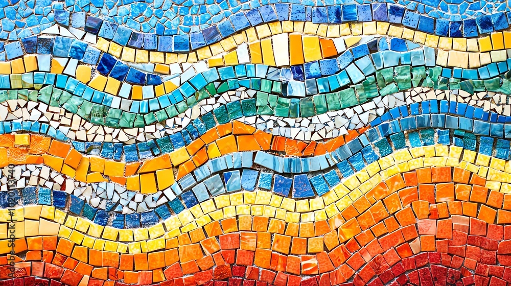 A vibrant mosaic surface with colorful tiles arranged in intricate patterns