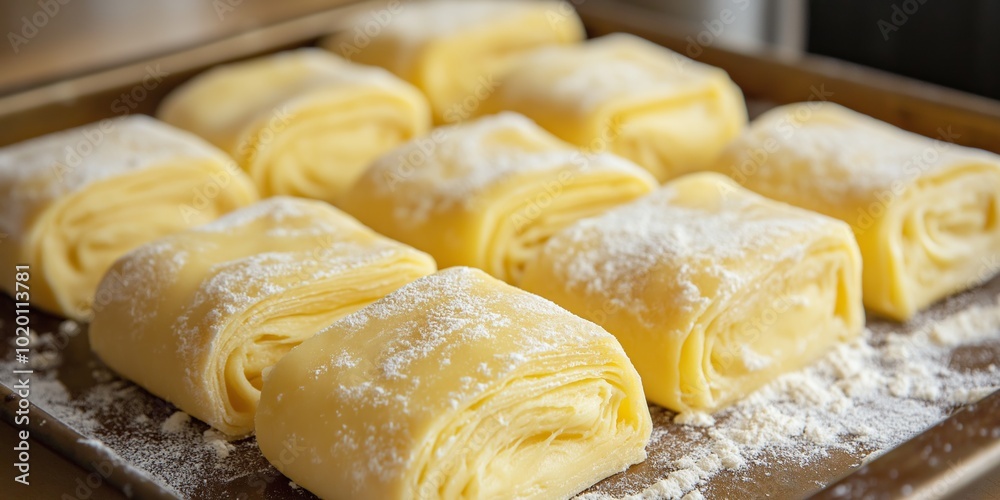 A tray of pastries with powdered sugar on top. The pastries are yellow and look delicious A tray of pastries with powdered sugar on top. The pastries are yellow and look delicious