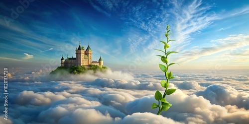 beanstalk rising into clouds with giant palace in distance photo