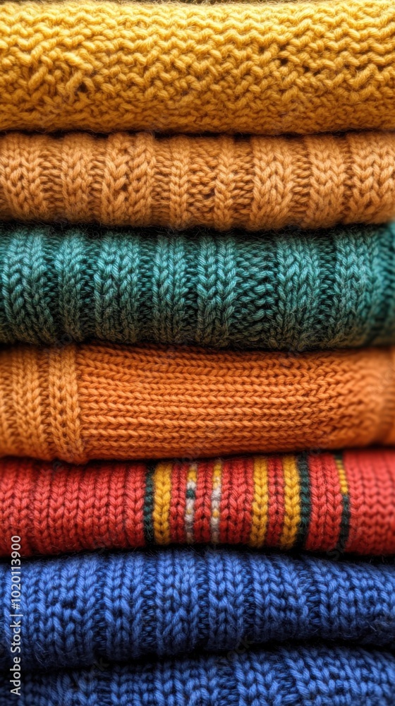 A neatly stacked collection of knitted sweaters in vibrant colors and diverse patterns, showcasing warm textures perfect for chilly weather and cozy environments. A neatly stacked collection of knitted sweaters in vibrant colors and diverse patterns, showcasing warm textures perfect for chilly weather and cozy environments.