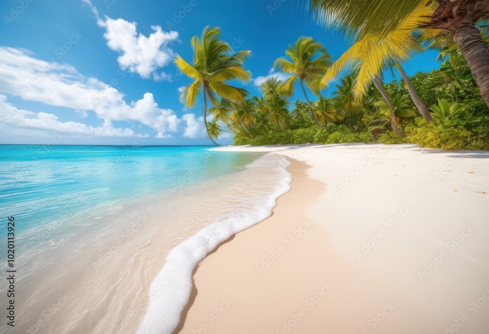 lush tropical beach vibrant palm fronds framing soft sand crystal clear ocean under sunny blue sky, sunlight, leaf, green, paradise, landscape, coastal