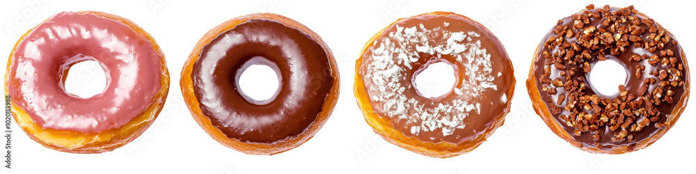 Four colorful and delicious donuts with various toppings and flavors, displayed on a white background. Four colorful and delicious donuts with various toppings and flavors, displayed on a white background.