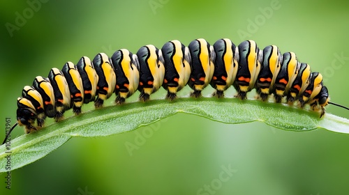 A close-up of a vibrant caterpillar on a green leaf, showcasing its striking colors.