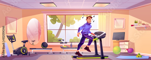 Man in fitness gym. Room interior with sport equipment for exercise and workout. Health studio design with dumbbell, treadmill, mat and bench. Training furniture in wellness center with sunlight