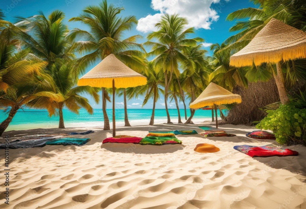 Fototapeta premium vibrant tropical beach scene featuring colorful blankets stylish sun hats spread across soft sandy shoreline under bright sunlight, ocean, summer, resort