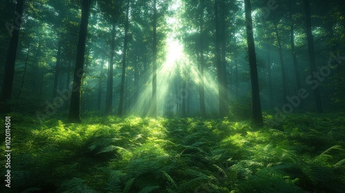 Lush forest with sunlight filtering through trees and ferns.