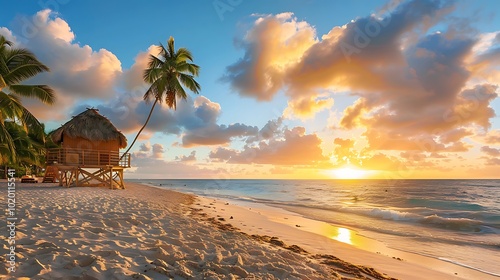 Fototapeta Naklejka Na Ścianę i Meble -  Tropical beach with palm trees and hut at sunset.