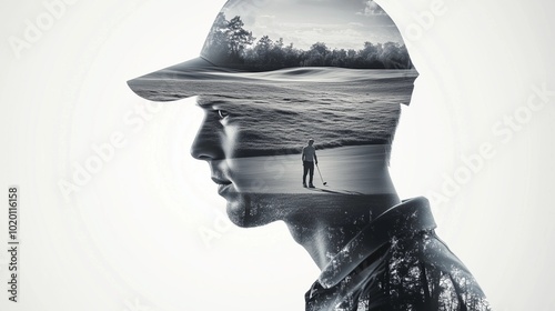 Artistic Double Exposure: Golfer's Head with Action Shot on the Course