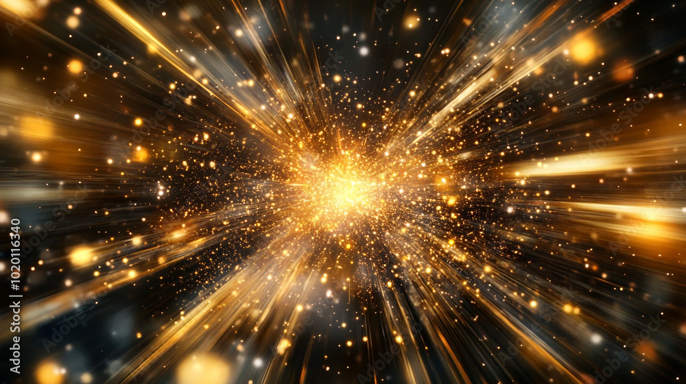 Fototapeta premium Abstract golden lights and particles futuristic background. Festive abstract fireworks space stars.