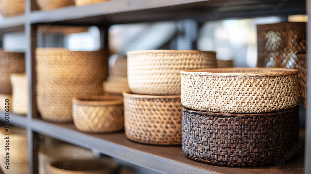 A collection of rattan storage baskets in different sizes, displayed in an aesthetically pleasing way on shelves A collection of rattan storage baskets in different sizes, displayed in an aesthetically pleasing way on shelves