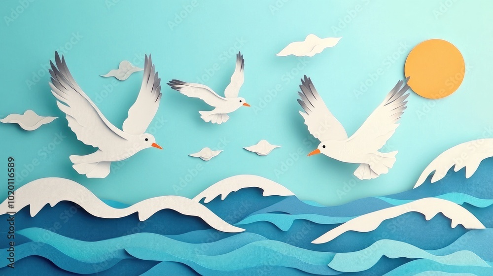 Fototapeta premium Seagulls competing for food above the ocean Seagulls fighting for food over the sea