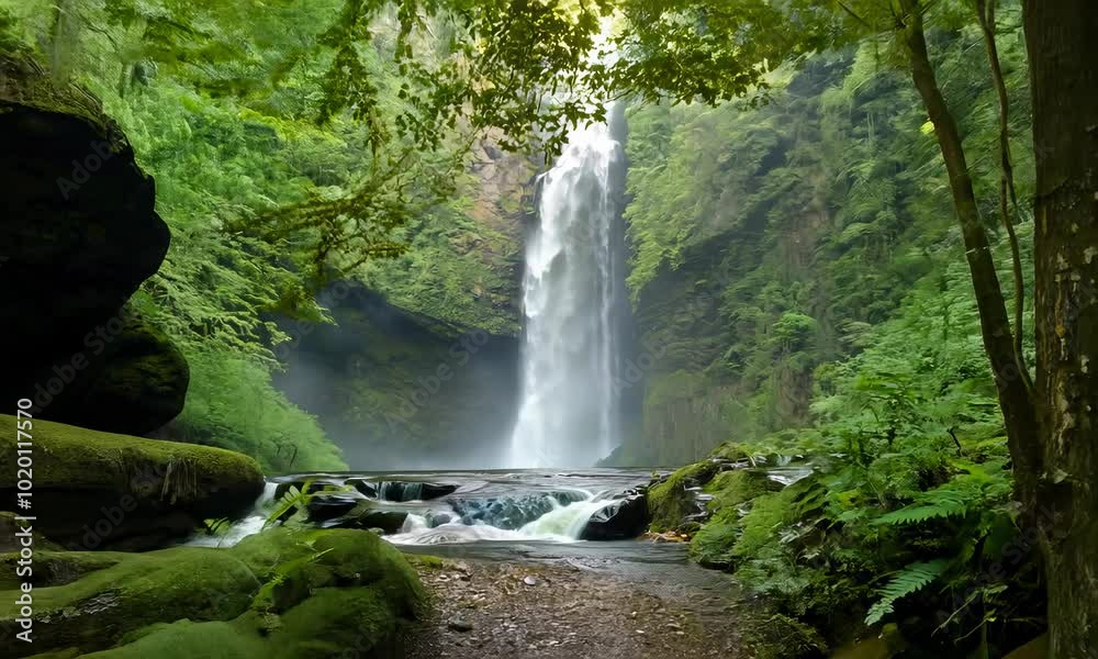 Majestic waterfall surrounded by green trees and misty sunlight.