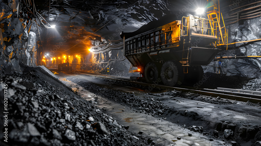 A coal mine deep underground with miners working in dimly lit tunnels, surrounded by black coal seams and the dust-filled atmosphere capturing the labor-intensive extraction of fossil fuels A coal mine deep underground with miners working in dimly lit tunnels, surrounded by black coal seams and the dust-filled atmosphere capturing the labor-intensive extraction of fossil fuels