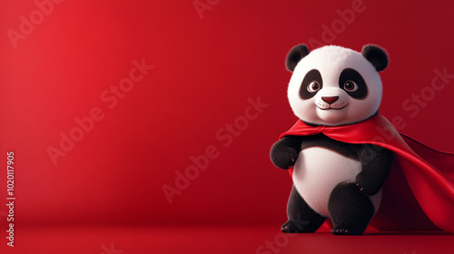 A cute baby panda in a tiny superhero cape, striking a pose against a bright red backdrop with copy space.