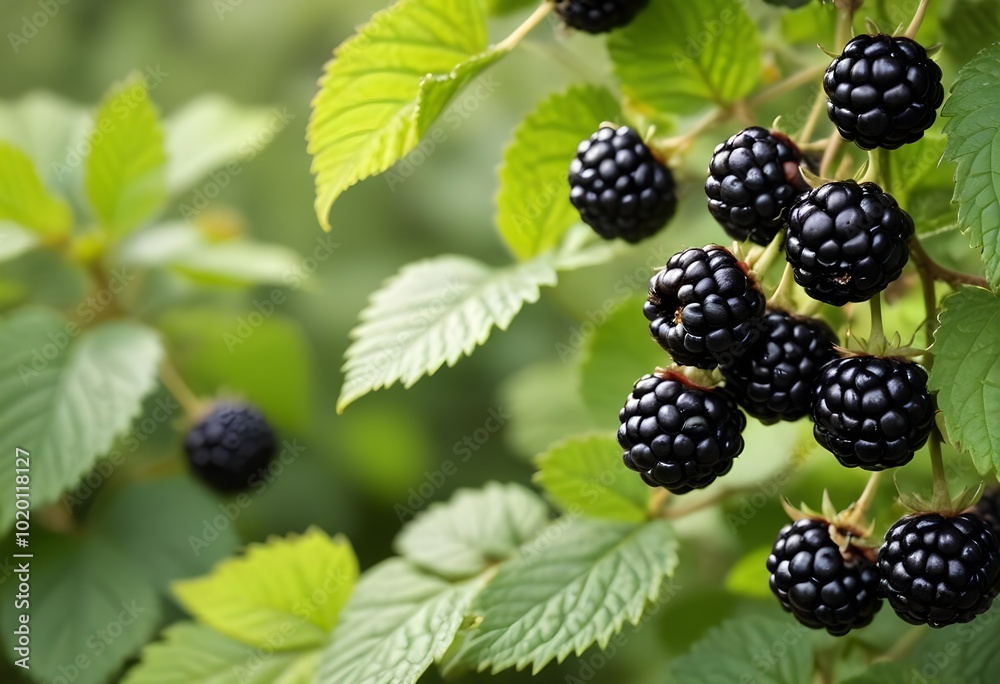Ripe blackberries growing on a bush with green leaves in the background Ripe blackberries growing on a bush with green leaves in the background