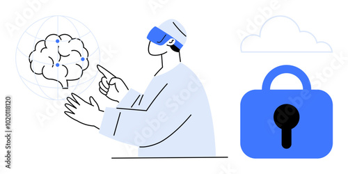 Person wearing VR headset pointing at brain neon, large padlock, wireless-connected cloud. Ideal for technology, cybersecurity, artificial intelligence, VR, and data protection. Minimalist cartoon