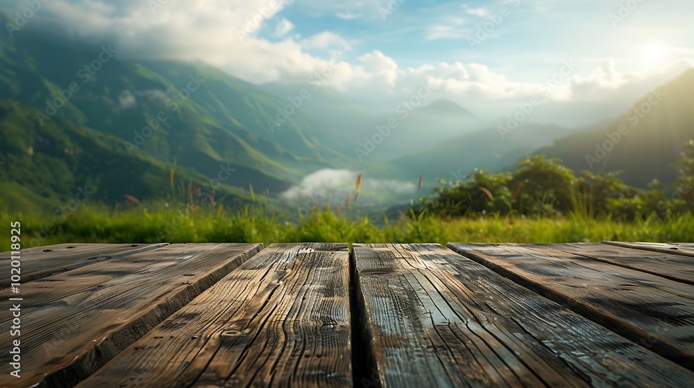 Fototapeta premium Wooden table top on blurred background of mountain meadow and sky.