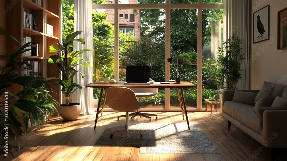 Fototapeta premium Bright home office with large windows, wooden desk, comfortable seating, and lush greenery, creating a cozy and productive workspace.