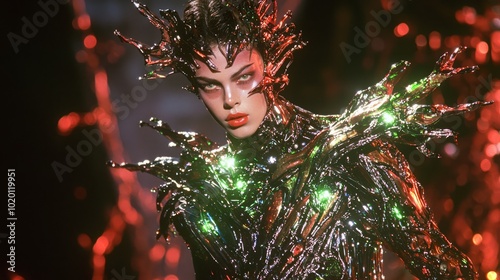 Cyberpunk Couture: Haunting High Fashion Runway with Metallic & Iridescent Details