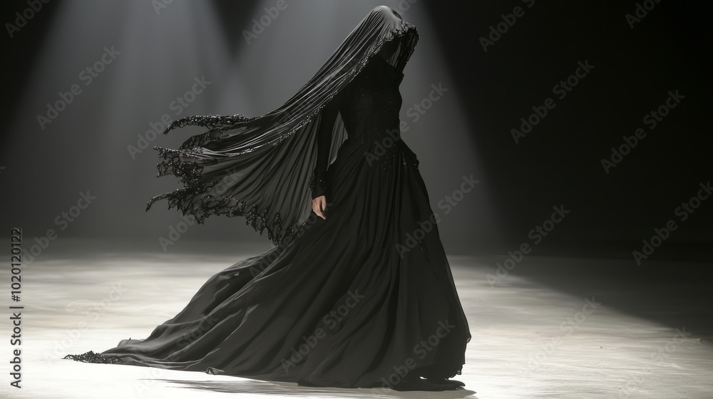 Enchanting Halloween Runway Show: Hauntingly Beautiful Model in Detailed Black Gown Enchanting Halloween Runway Show: Hauntingly Beautiful Model in Detailed Black Gown