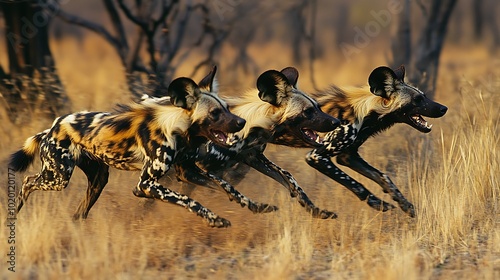 Three African wild dogs running across a golden grassland landscape.