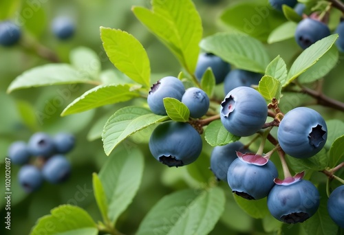 Ripe blueberries growing on a bush with green leaves in the background