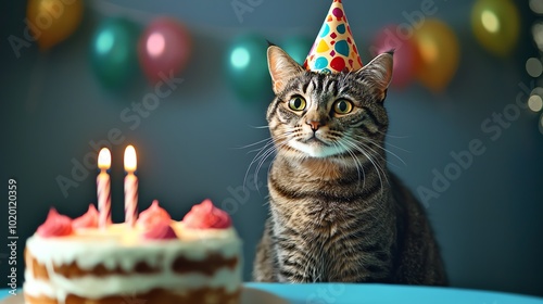 Cat in party hat beside birthday cake, joyful celebration scene photo