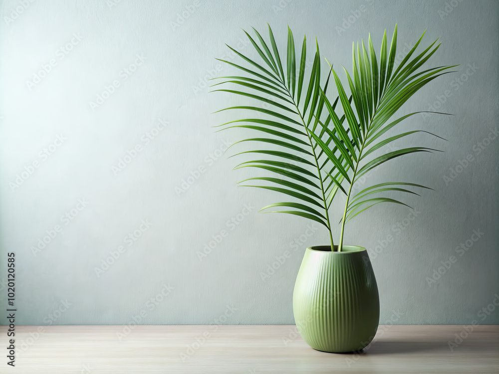 green vase holds palm leaf plant, adding touch of nature to minimalist decor. soft background enhances vibrant greenery, creating serene atmosphere green vase holds palm leaf plant, adding touch of nature to minimalist decor. soft background enhances vibrant greenery, creating serene atmosphere