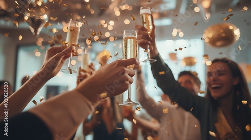 Celebration with champagne glasses and confetti in focus. photo