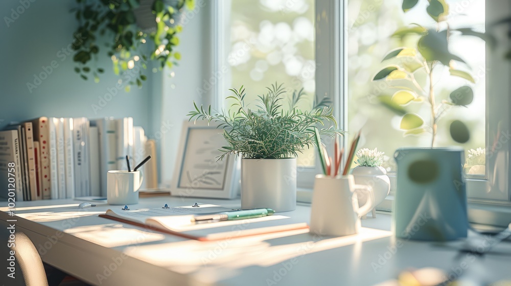 Fototapeta premium A cozy, minimalist room with a white-toned desk and interior, highlighted by soft pale green accents. A neat setup for journaling, featuring pens, masking tapes, and stickers organized on the desk.