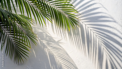 shadows of palm leaves create beautiful pattern on white wall, evoking sense of tranquility and natures elegance. interplay of light and shadow enhances serene atmosphere