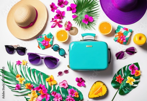 stunning flat lay colorful travel essentials featuring vibrant summer gear bright background, accessories, beach, camera, charger, clothing, footwear photo