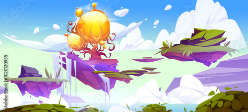 Floating islands with magic tree in sky. Vector cartoon illustration of fantasy land pieces flying in fluffy clouds above sea, waterfall and green grass on arcade game platforms, dreamland scenery