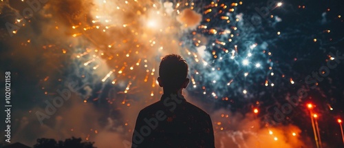 Eine Person blickt auf das Feuerwerk an Silvester  photo