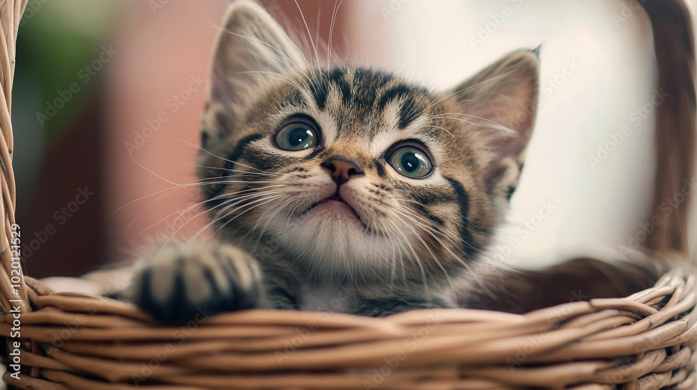 A kitten is sitting in a basket looking up at the camera A kitten is sitting in a basket looking up at the camera