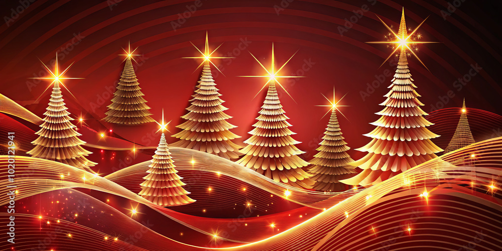 Festive Christmas trees shine brightly against vibrant red background, creating warm and joyful holiday atmosphere. design features elegant golden trees and sparkling stars, perfect for seasonal Festive Christmas trees shine brightly against vibrant red background, creating warm and joyful holiday atmosphere. design features elegant golden trees and sparkling stars, perfect for seasonal