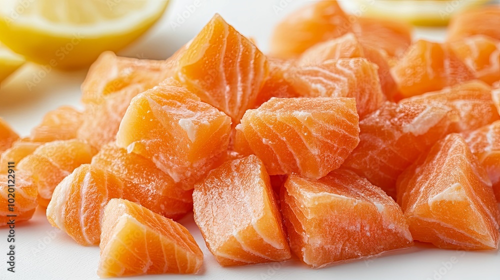 Freshly Cut Salmon Pieces on a White Surface Freshly Cut Salmon Pieces on a White Surface