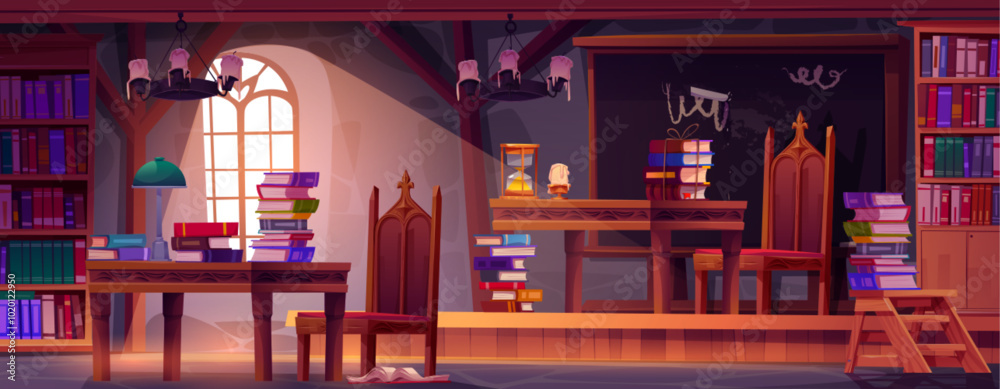 Magic school classroom with old books. Vector cartoon illustration of medieval university room with ancient wooden tables and chairs, blackboard, literature on shelves, candles, daylight in window Magic school classroom with old books. Vector cartoon illustration of medieval university room with ancient wooden tables and chairs, blackboard, literature on shelves, candles, daylight in window