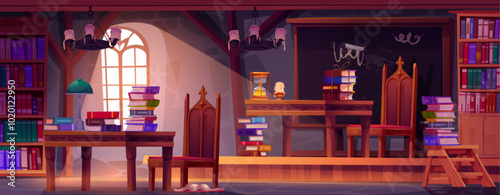 Magic school classroom with old books. Vector cartoon illustration of medieval university room with ancient wooden tables and chairs, blackboard, literature on shelves, candles, daylight in window