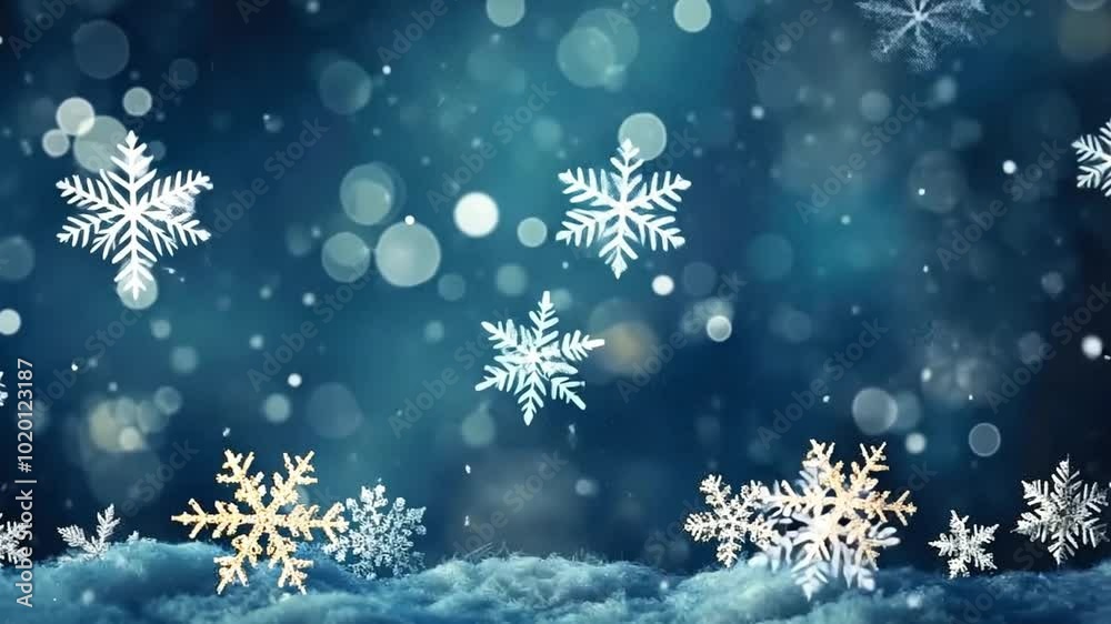 Snowflakes are falling on a snow covered surface with a dark blue background and bokeh. The image evokes a magical winter atmosphere