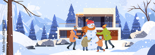 Family building snowman winter landscape modern house snowy forest holiday activity. People enjoying outdoor fun in snow with pine trees mountains background