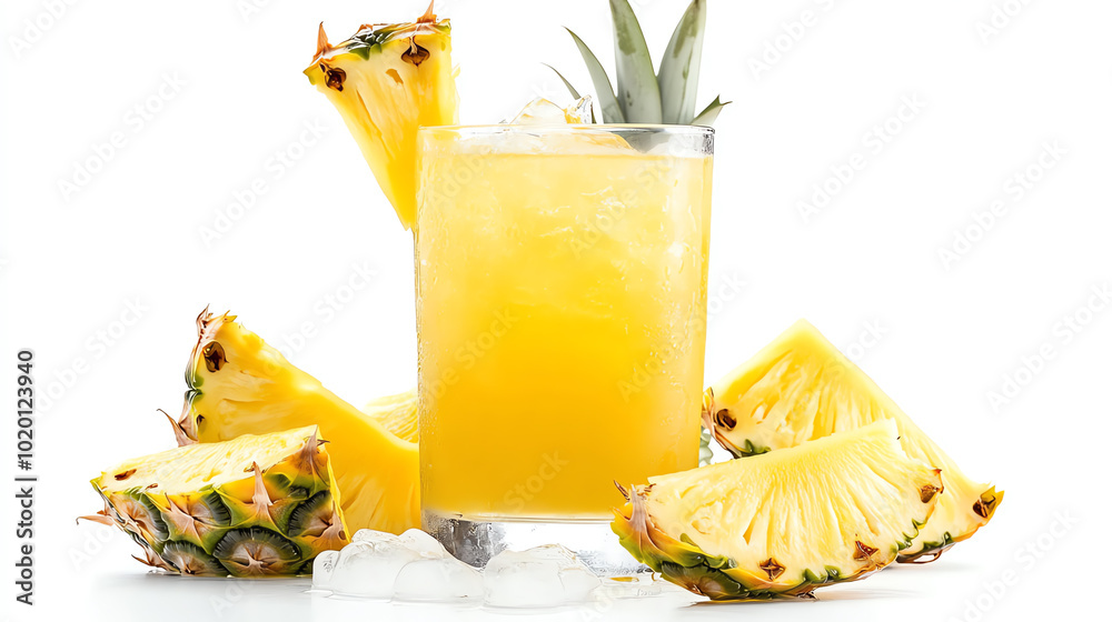 A refreshing tropical drink garnished with pineapple, surrounded by fresh pineapple slices and ice, perfect for summer vibes.