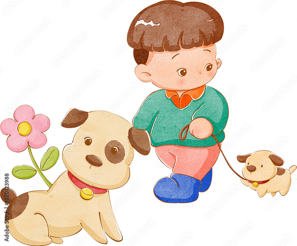 A short-haired boy walks a small dog alongside a large dog in a garden filled with bright, colorful flowers, hand-drawn watercolor painting illustration A short-haired boy walks a small dog alongside a large dog in a garden filled with bright, colorful flowers, hand-drawn watercolor painting illustration