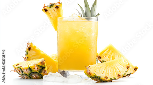 Obraz na płótnie A refreshing tropical drink garnished with pineapple, surrounded by fresh pineapple slices and ice, perfect for summer vibes. w salonie