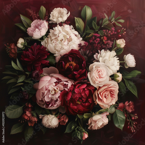 Elegant bouquet of burgundy and cream flowers on dark background
