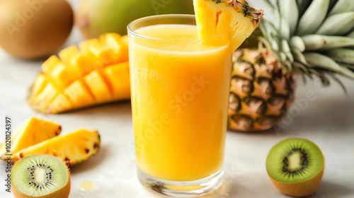 A refreshing tropical smoothie made with mango, pineapple, and kiwi served in a glass, garnished with a pineapple slice. Perfect for summer!