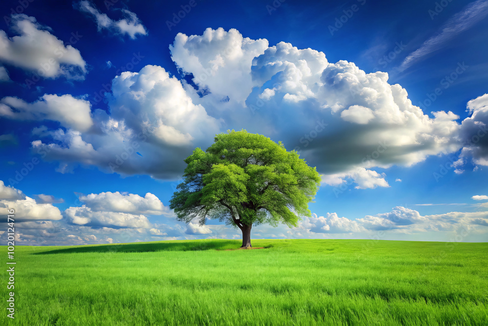 Obraz premium solitary tree stands majestically in vibrant green grassy field under vast blue skies filled with fluffy clouds, creating serene and peaceful landscape