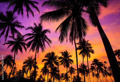 vibrant tropical palm silhouettes set stunning gradient sunset colors purple enchanting atmosphere, tropics, sky, light, orange, yellow, pink, background