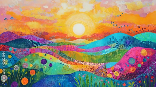 Create a cheerful, abstract painting of a sunrise over a vibrant, whimsical landscape photo